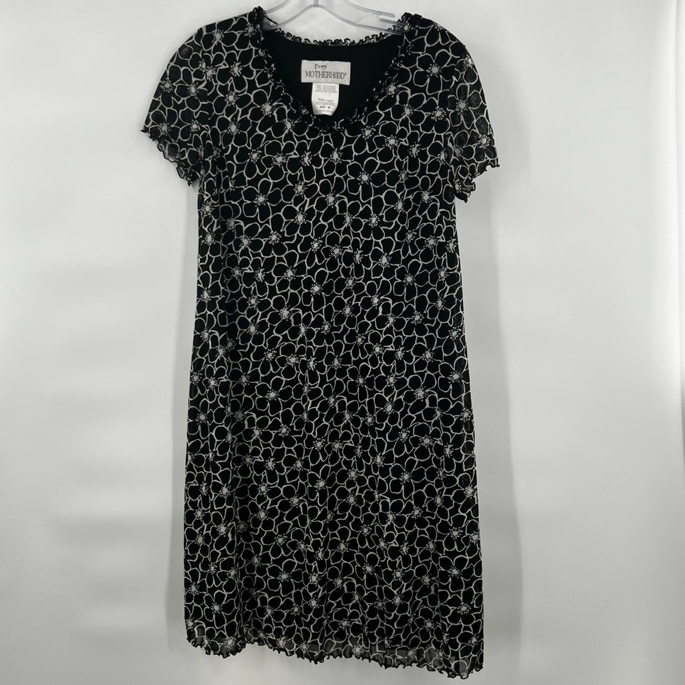 Motherhood black white leaf print shift dress shirt sleeve size M